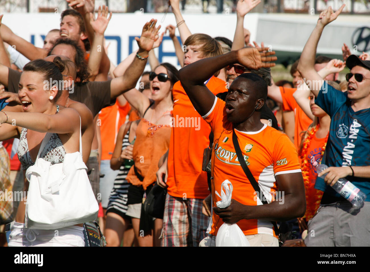 dutch supporters celebrating the victory over brazil at world cup fan fest village in rome, italy 2 July 2010 Stock Photo