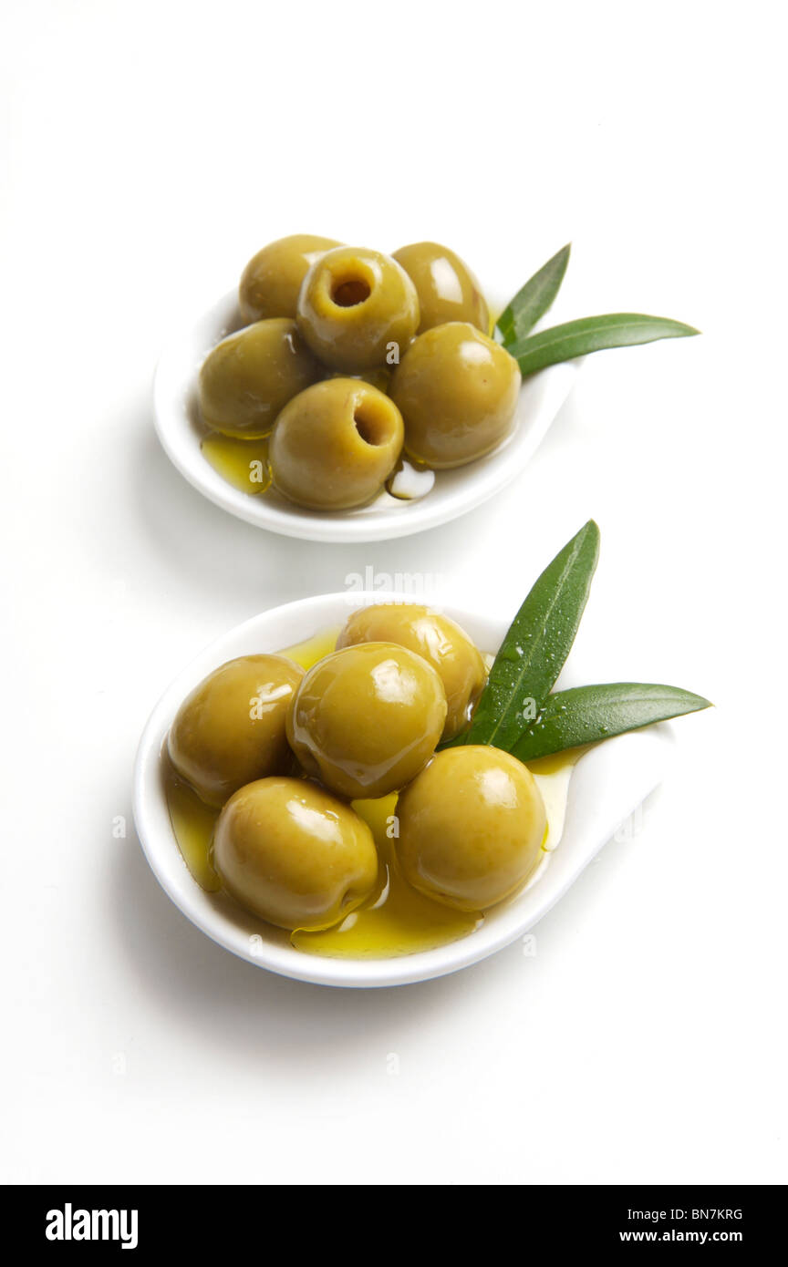 green olives and olive oil Stock Photo