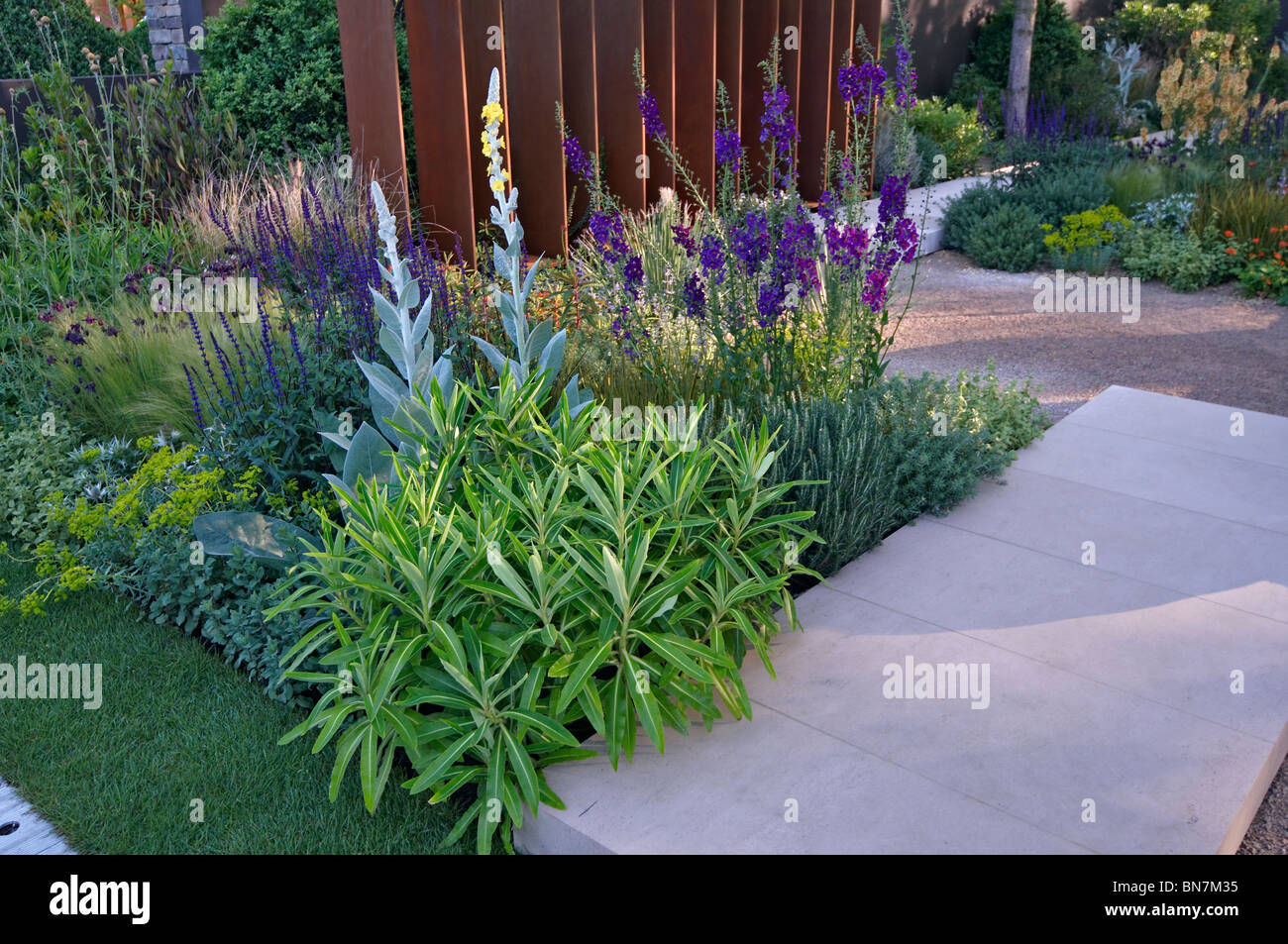 Inspired by travel this contemporary gravel garden gives an exotic air with close up detail Stock Photo