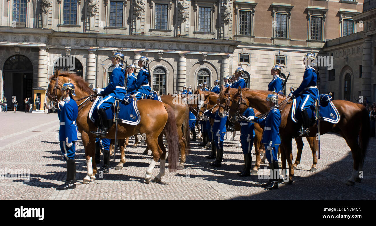 The Swedish Royal Guard at the daily changing of the guard at the royal palace in Gamla Stan Stockholm. Stock Photo