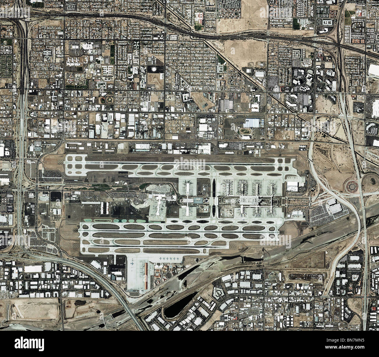 aerial map view above Phoenix Sky Harbor International Airport Stock Photo