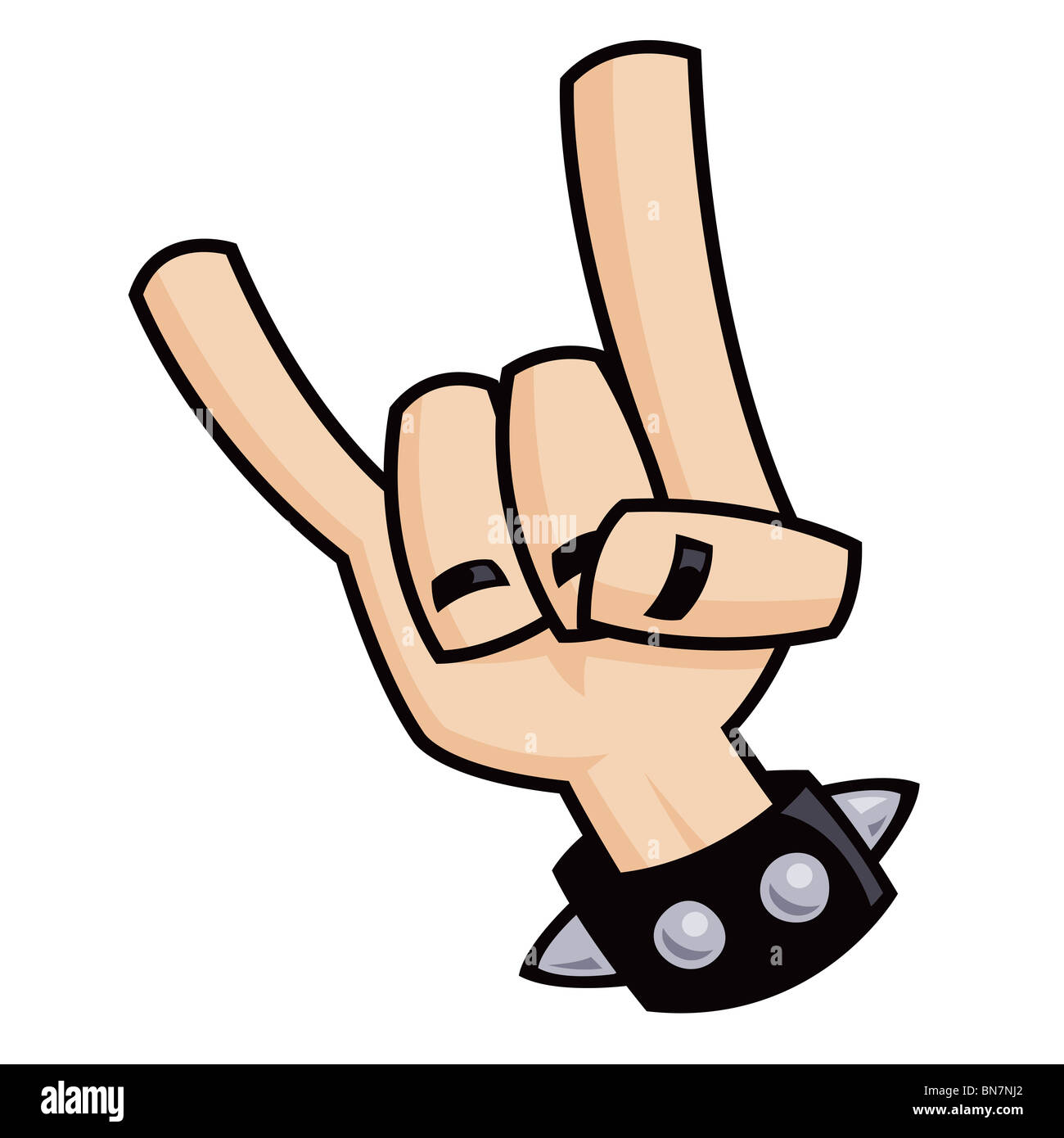 Heavy metal, rock and roll, devil horns hand sign with a black leather studded bracelet. Stock Photo