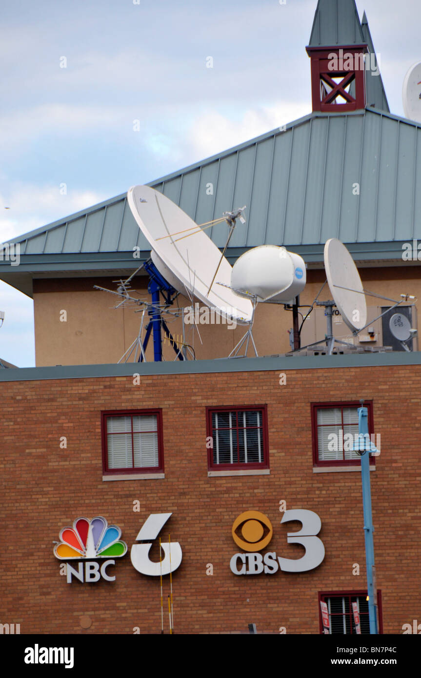 Satellite receivers on television station building in Downtown area of