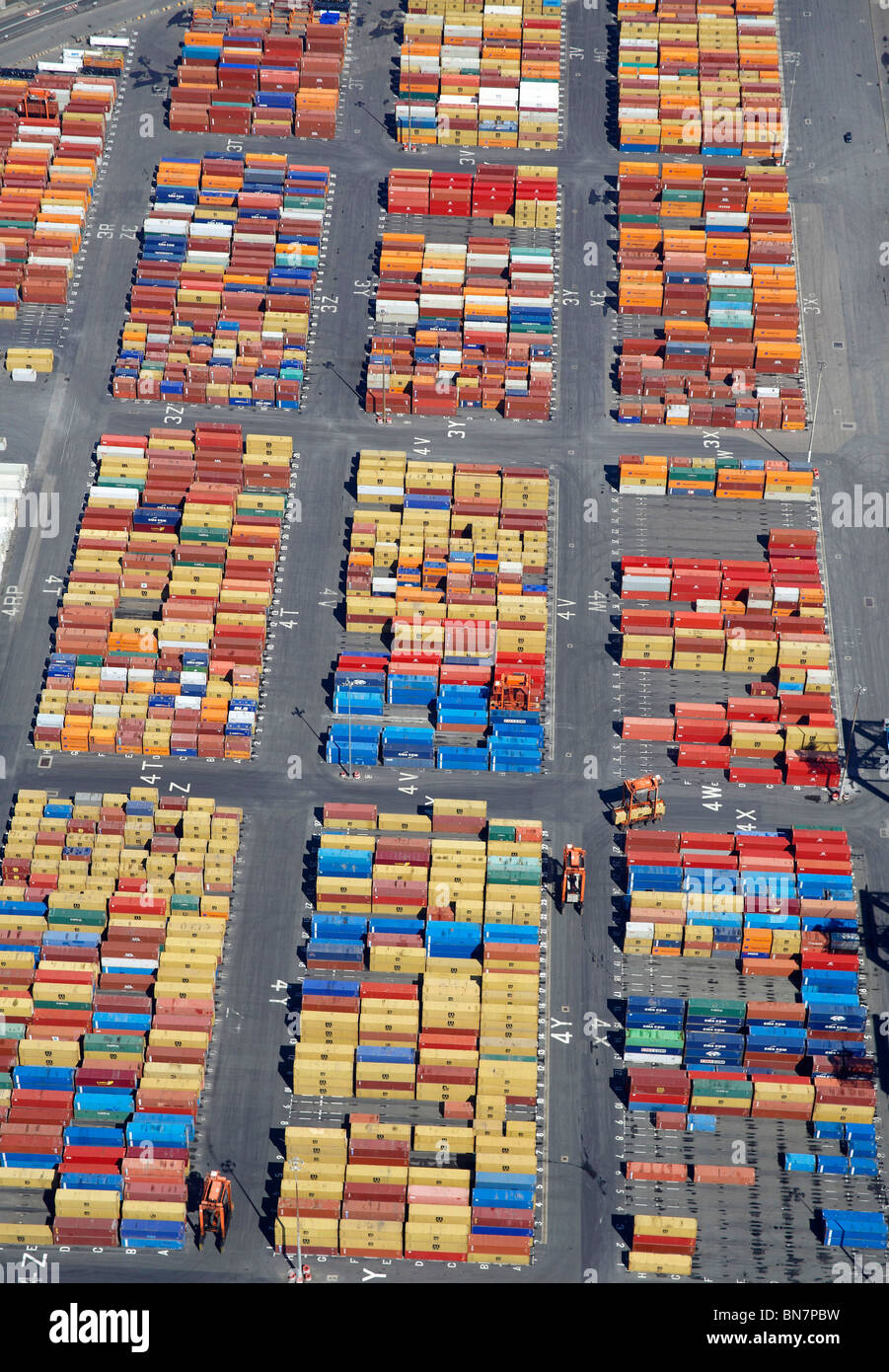 Containers at Bootle Docks, from the air, North West England Stock Photo