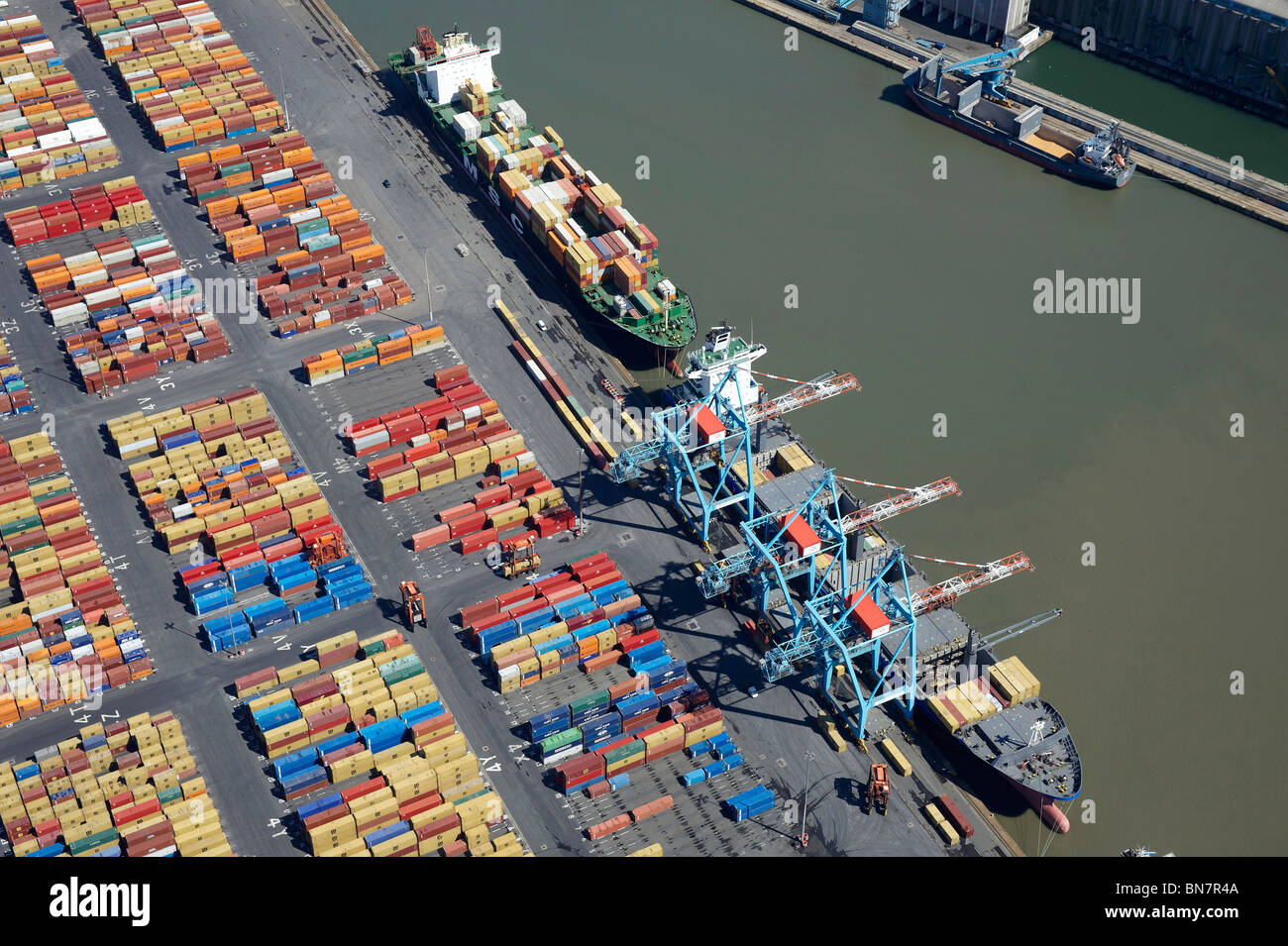 Ships loading at Bootle Docks, Liverpool , from the air, North West England Stock Photo