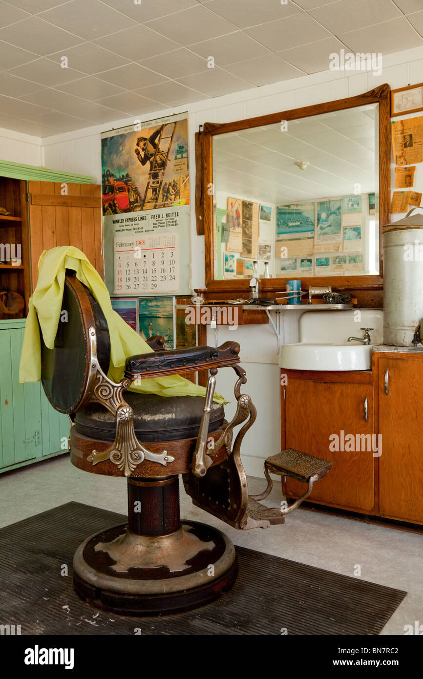 Interior of a barbershop at the Pembina Thresherman's Museum near Winkler, Manitoba, Canada. Stock Photo