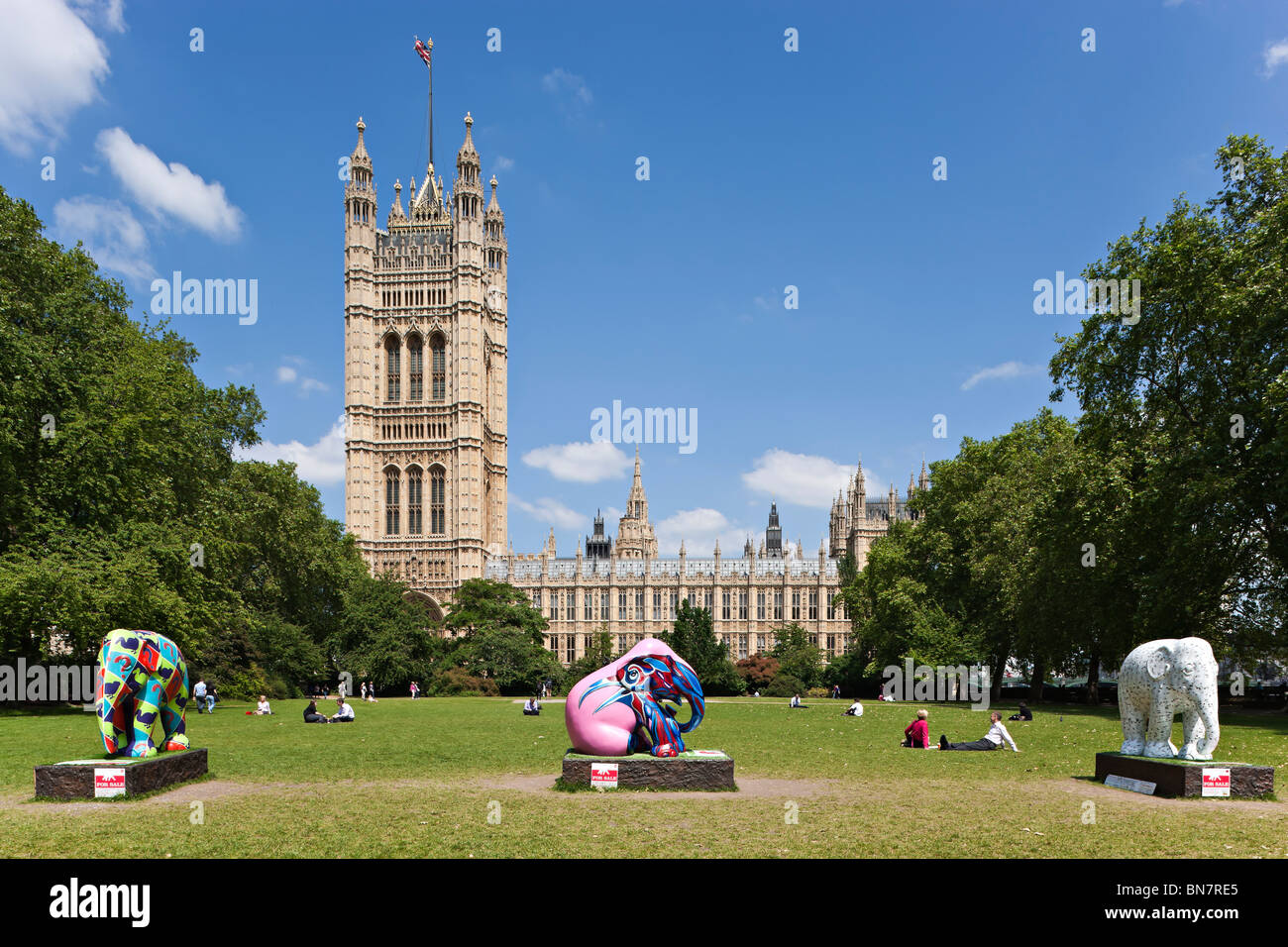 Houses of Parliament - view from Victoria Tower Gardens with Elephants Stock Photo