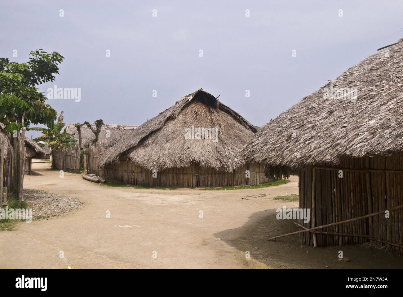 A  street in Caledonia showing the local housing structures used by the Kuna Indians Stock Photo