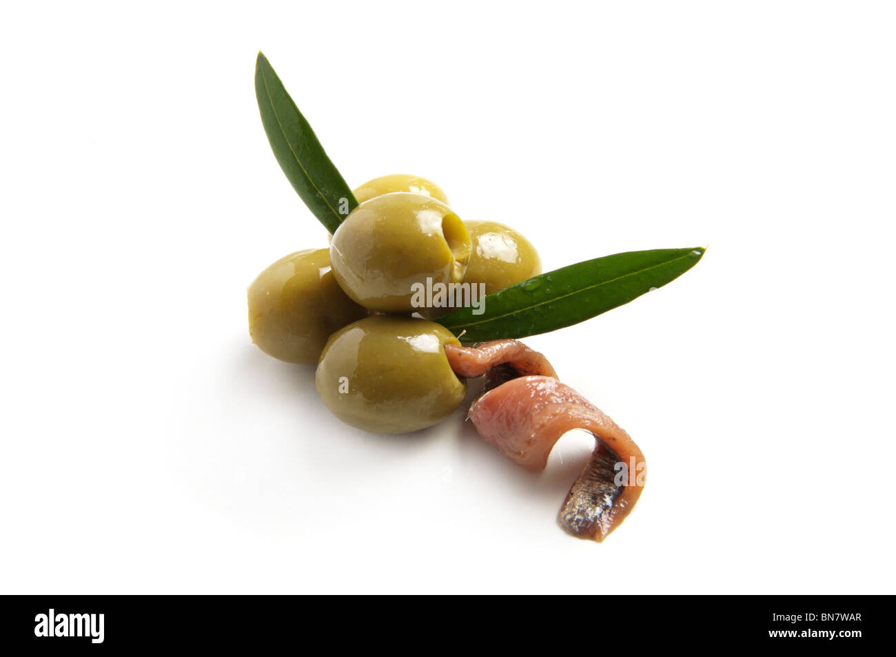 anchovy stuffed green olives Stock Photo