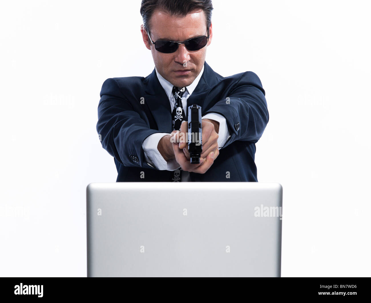 man caucasian hacker computer attack isolated studio on white background Stock Photo