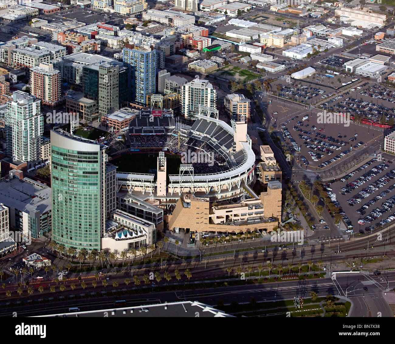 aerial view above Petco Park open air ballpark San Diego California Stock Photo