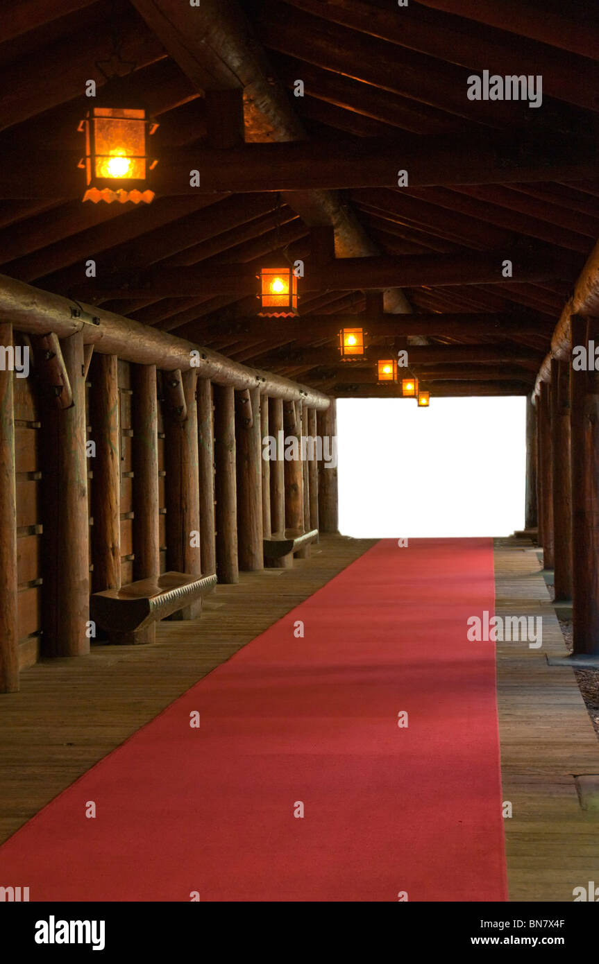 Red Carpet Hall Walkway with white ending Stock Photo