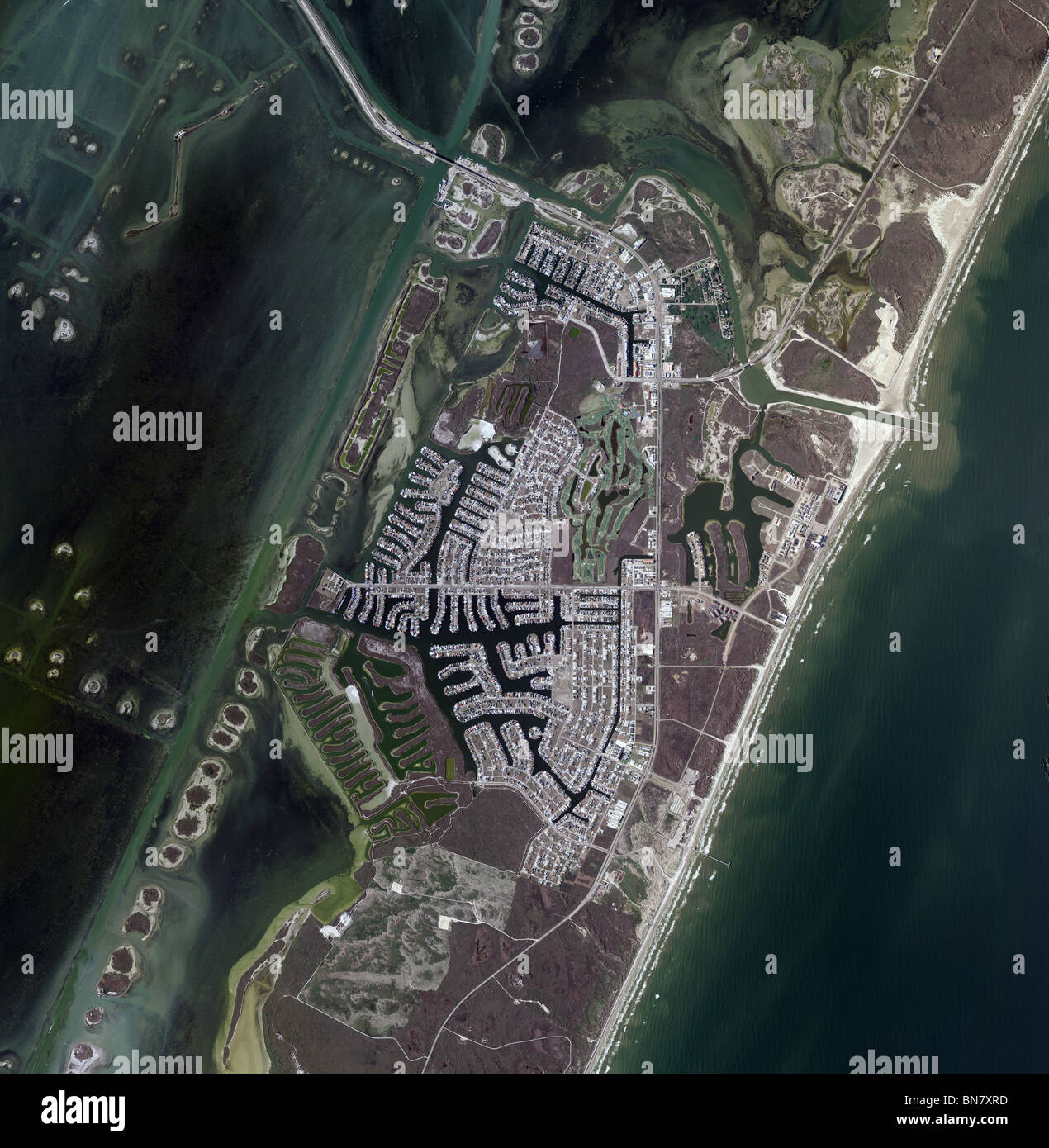 aerial map view above Padre Island Texas Stock Photo