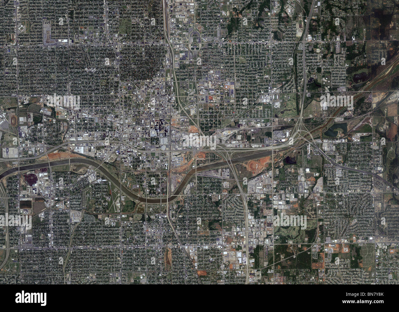 aerial map view above Oklahoma City river Stock Photo