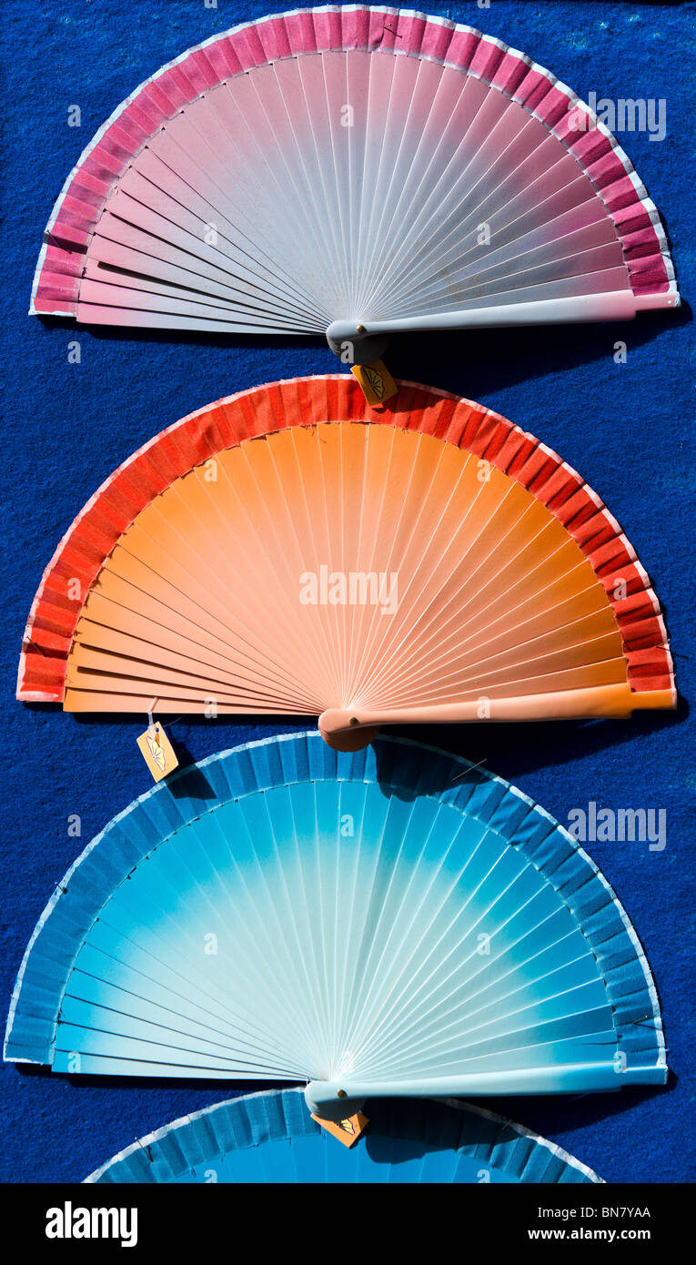 Hand-held folding fans in a shop on the Corso Vittorio Emanuele, Noto, southern Sicily, Italy Stock Photo