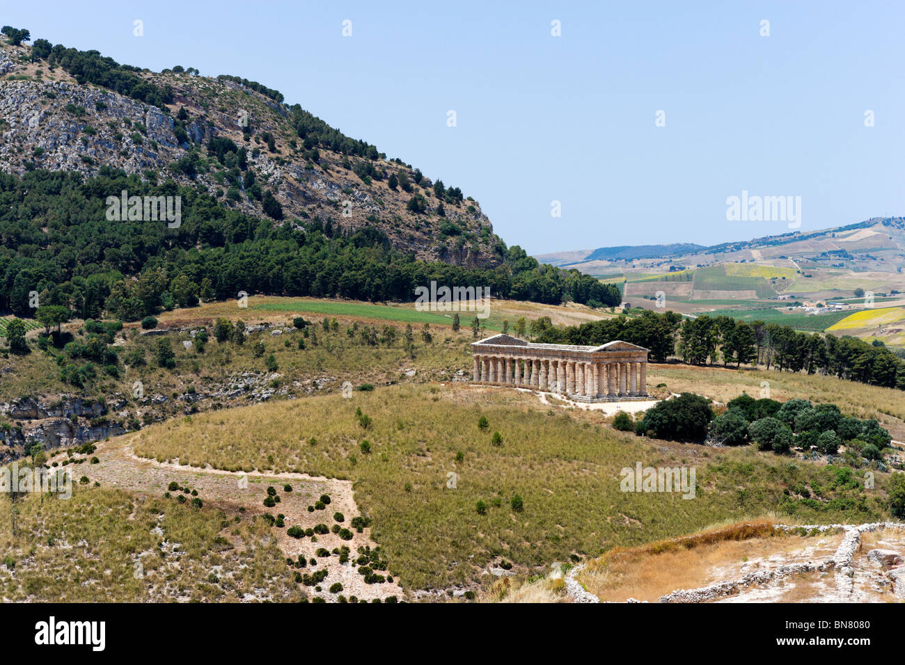 The Greek Temple at Segesta viewed from the road up to the Theatre, Trapani region, north west Sicily, Italy Stock Photo