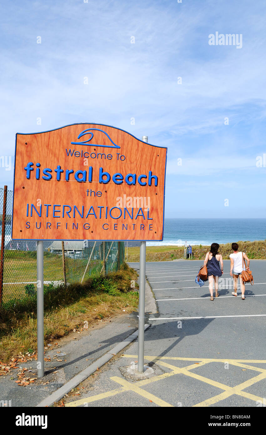 the welcome sign at fistral beach in newquay, cornwall, uk Stock Photo