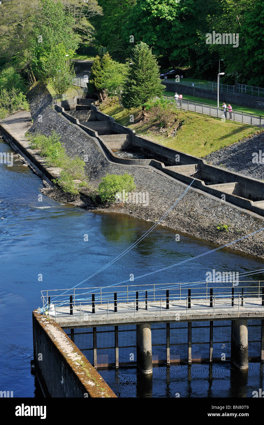 The Pitlochry fish ladder for salmon swimming upstream next to the Pitlochry Power Station on the River Tummell, Scotland, UK Stock Photo