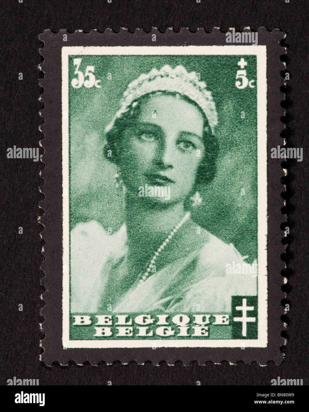 Postage stamp from Belgium depicting Queen Astrid (mourning issue). Stock Photo