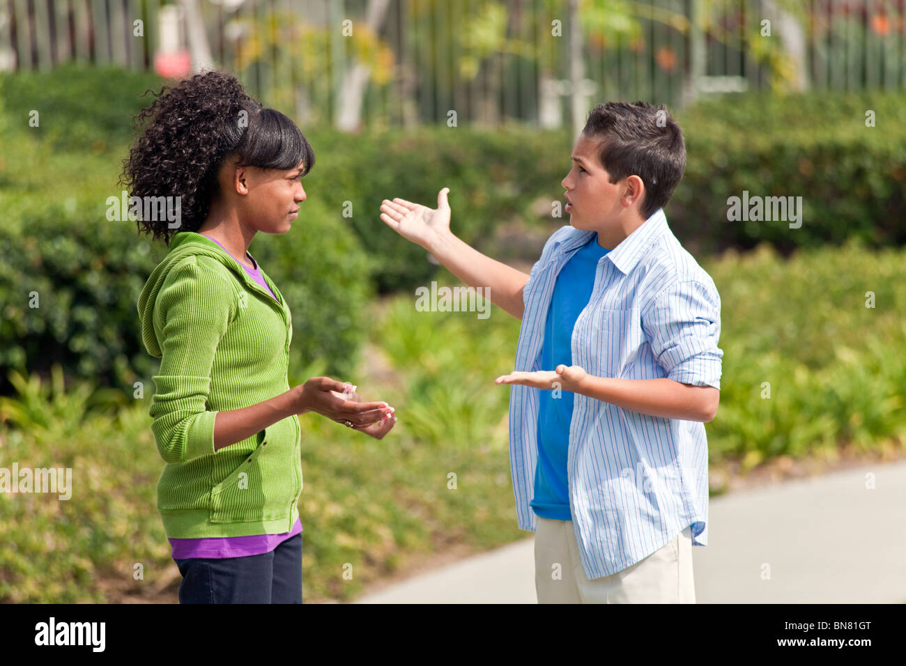 California Multi ethnic racial Ethnically diverse group teenagers African American teens talking enthusiastic conversation MR  ©Myrleen Pearson Stock Photo