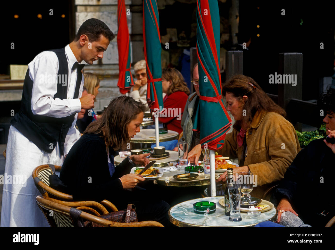 Belgian man, waiter, La Chaloupe d'Or, restaurant, De Gulden Boot, restaurant, GrandPlace, city of Brussels, Brussels Capital Region, Belgium, Europe Stock Photo