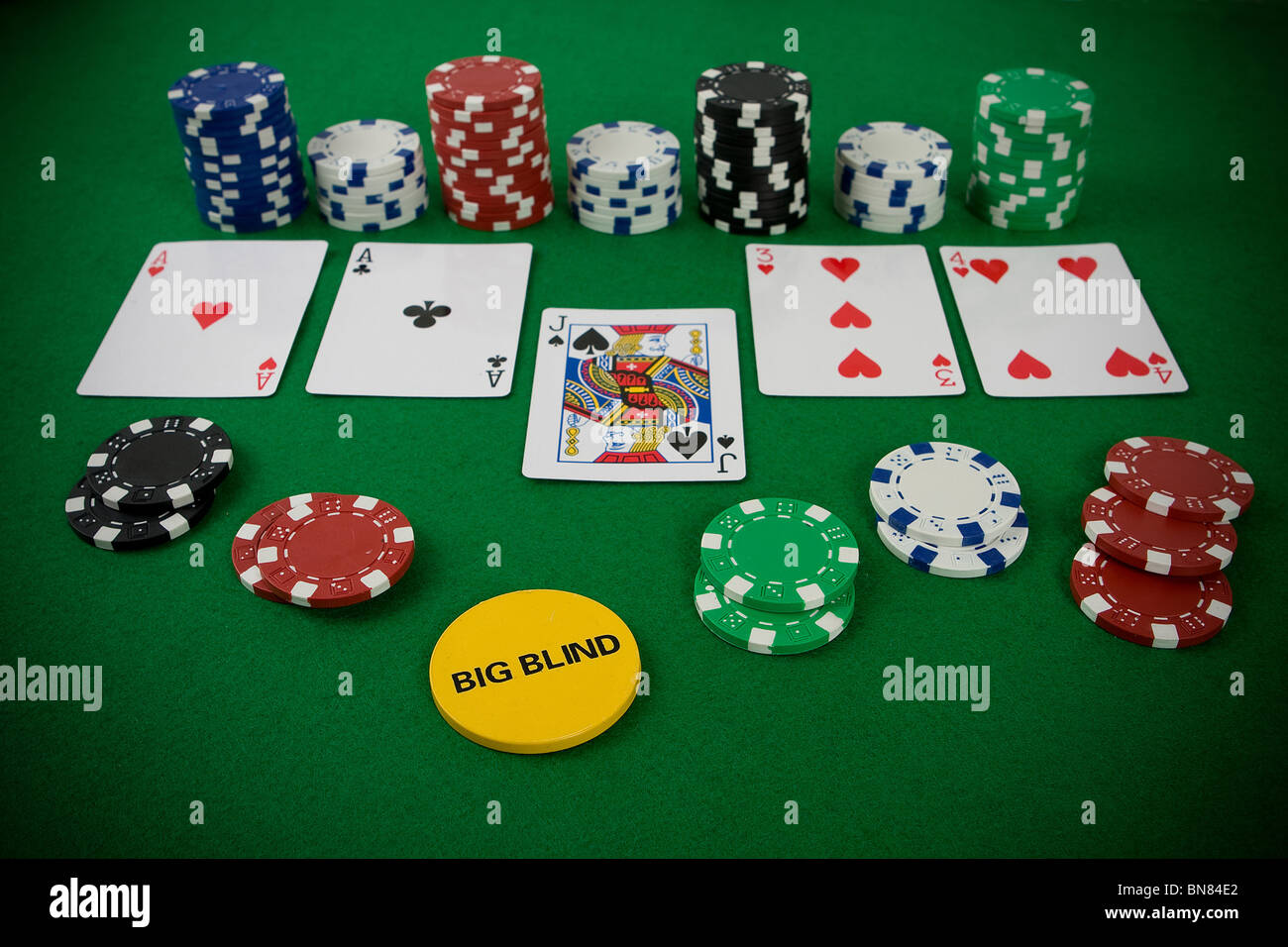 Poker set with chips and cards on the green table big blind chip