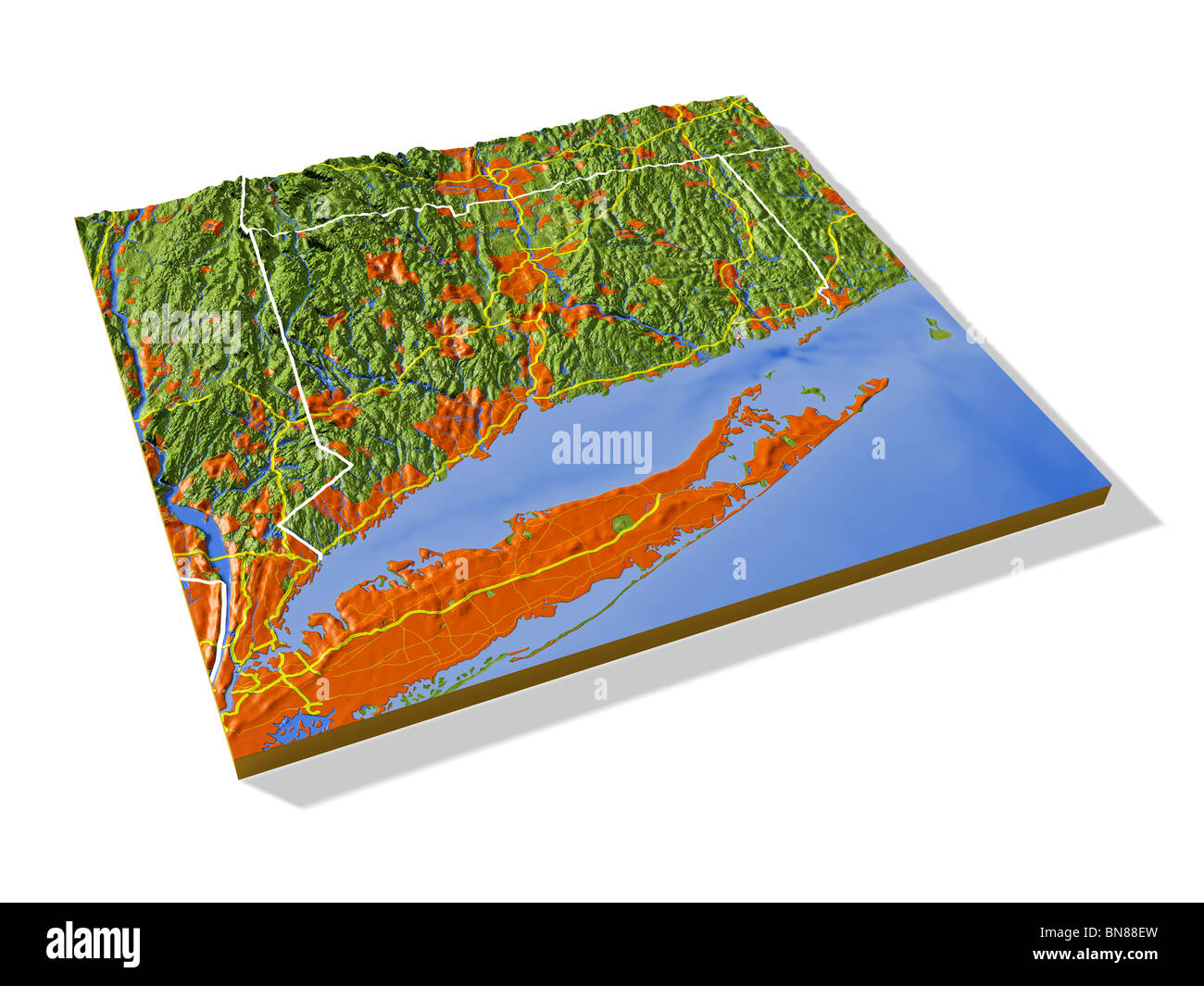 Connecticut, 3D relief map with urban areas, interstate highways and borders. Stock Photo