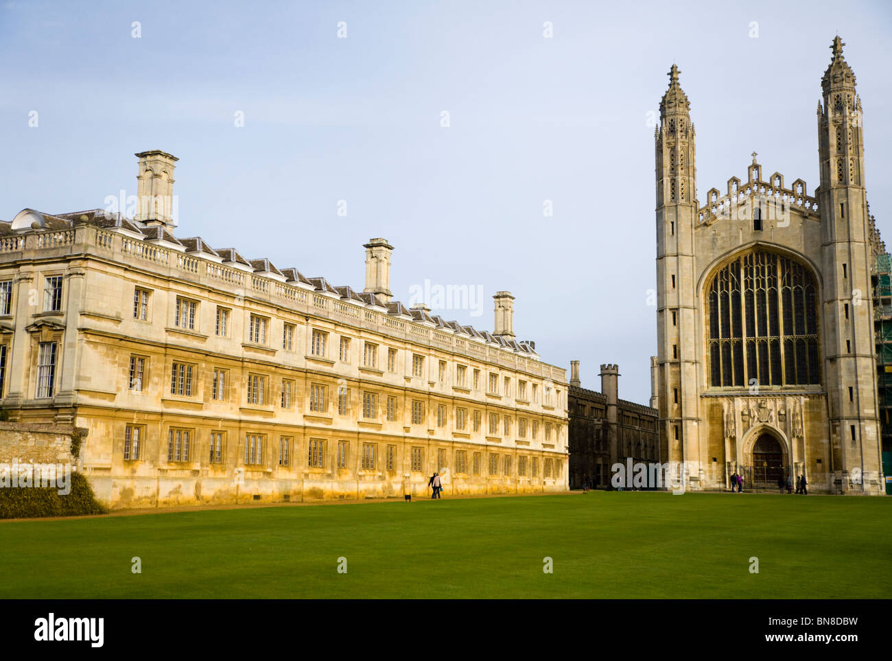 West facade of King's College chapel, with Clare College / Clare's Old Court to left. Cambridge University. Seen from The Backs. Stock Photo
