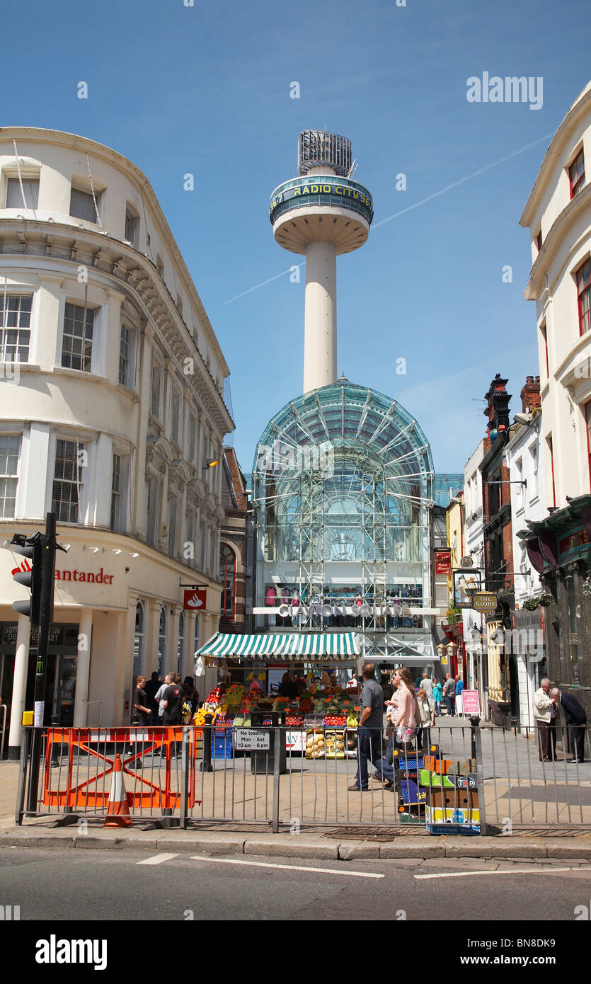 Entrance to St Johns shopping arcade with Beacon or radio City tower in Liverpool UK Stock Photo