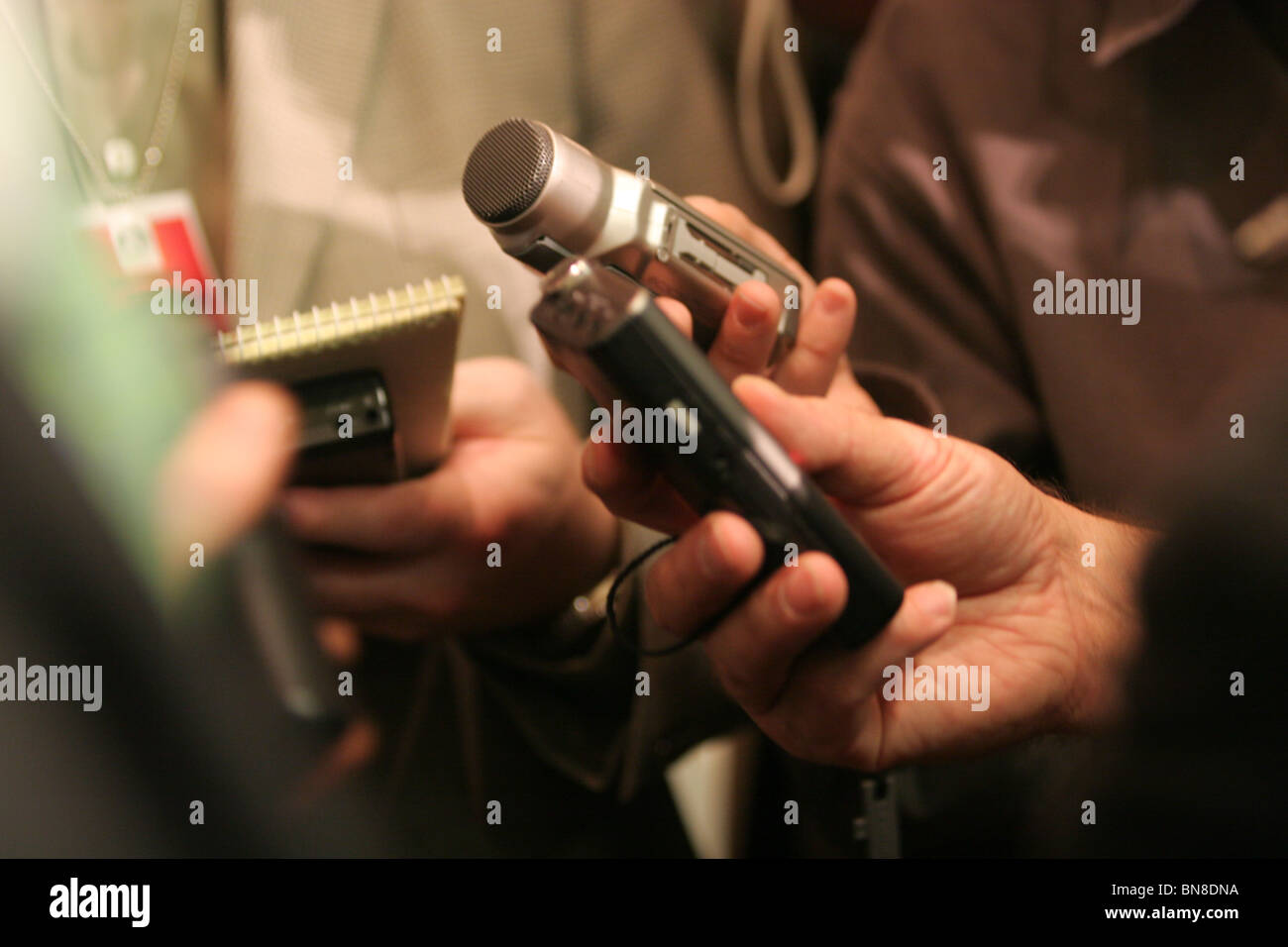 Microphones at a media press conference. Stock Photo