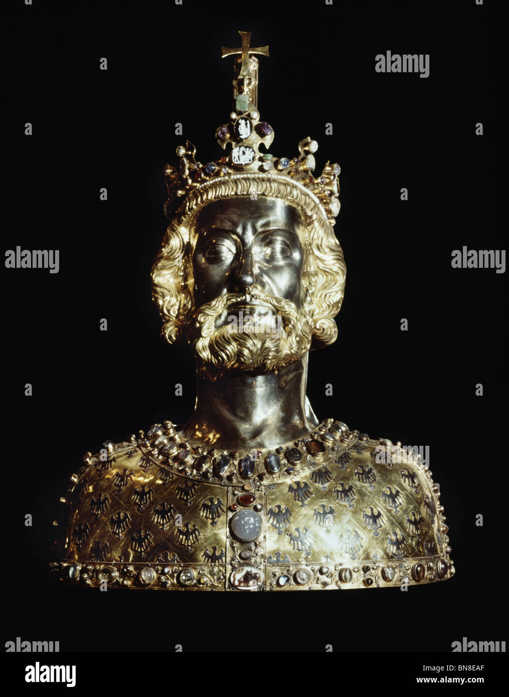 14thc reliquary bust of Charlemagne, wearing his crown . The Treasury, Aachen Cathedral, Germany. Stock Photo