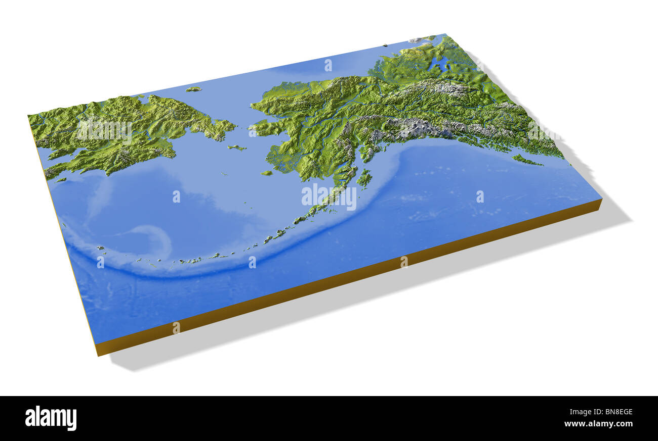 Alaska, 3D relief map, colored according to vegetation. Stock Photo