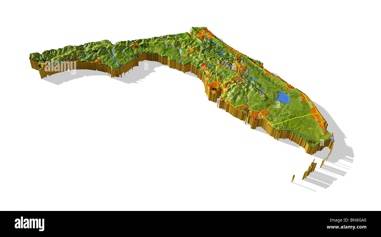 Florida, 3D relief map cut out with urban areas and interstate highways. Stock Photo