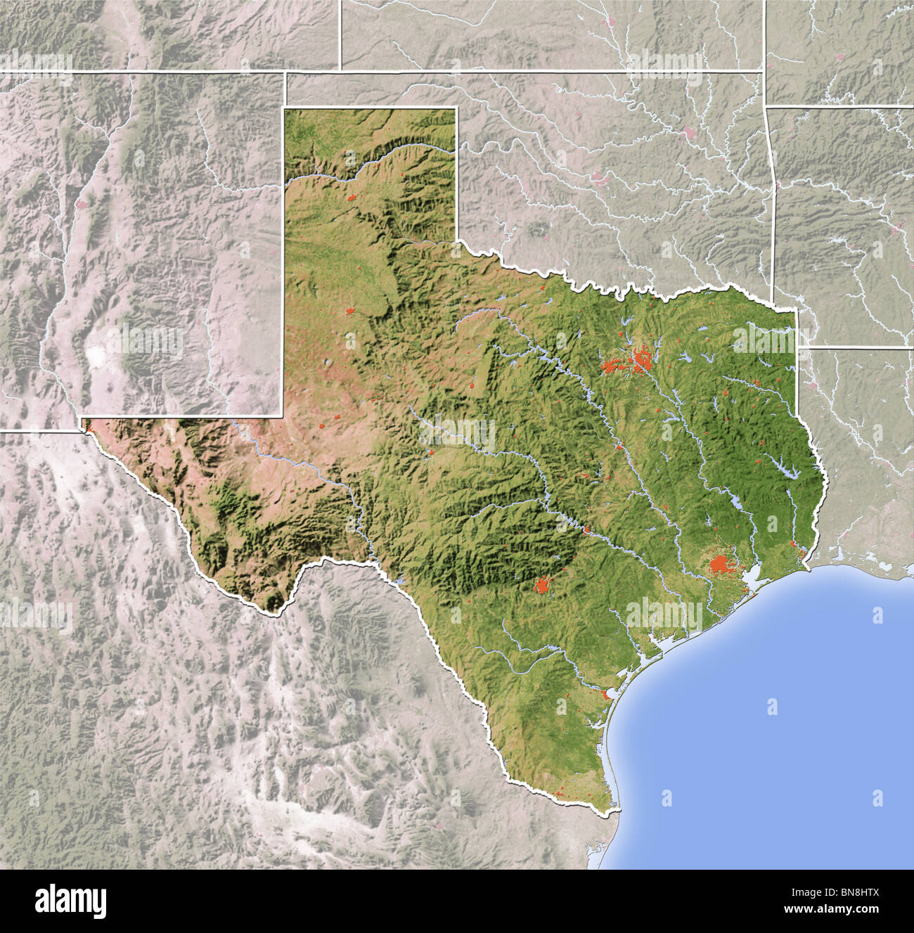 Texas, shaded relief map. Stock Photo