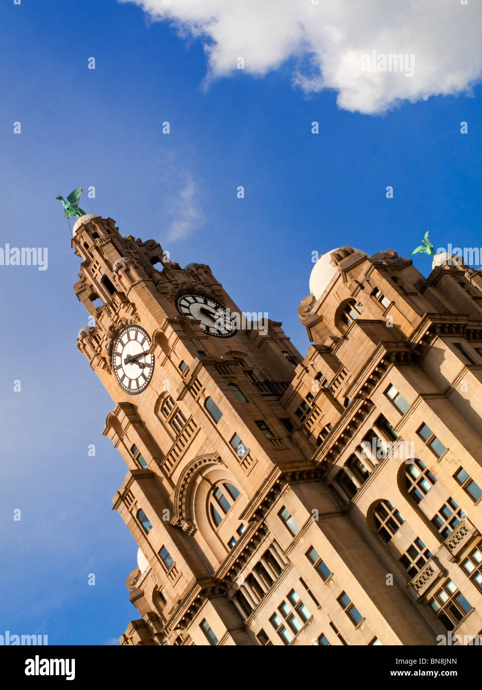 The Royal Liver Building on the Pier Head near River Mersey in Liverpool England opened in 1911 designed by Walter Aubrey Thomas Stock Photo