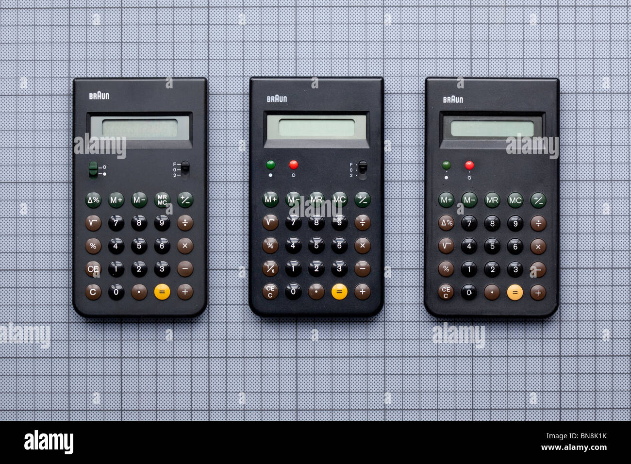 Three Braun calculators, ET33, ET55 and ET66, designed by Dieter Rams and Dietrich Lubs, 1977 - 1987. and inspiration for the iPhone design Stock Photo