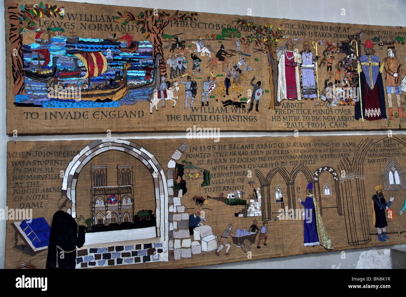 Wall tapestery showing history of Abbey, St Albans Cathedral, St.Albans