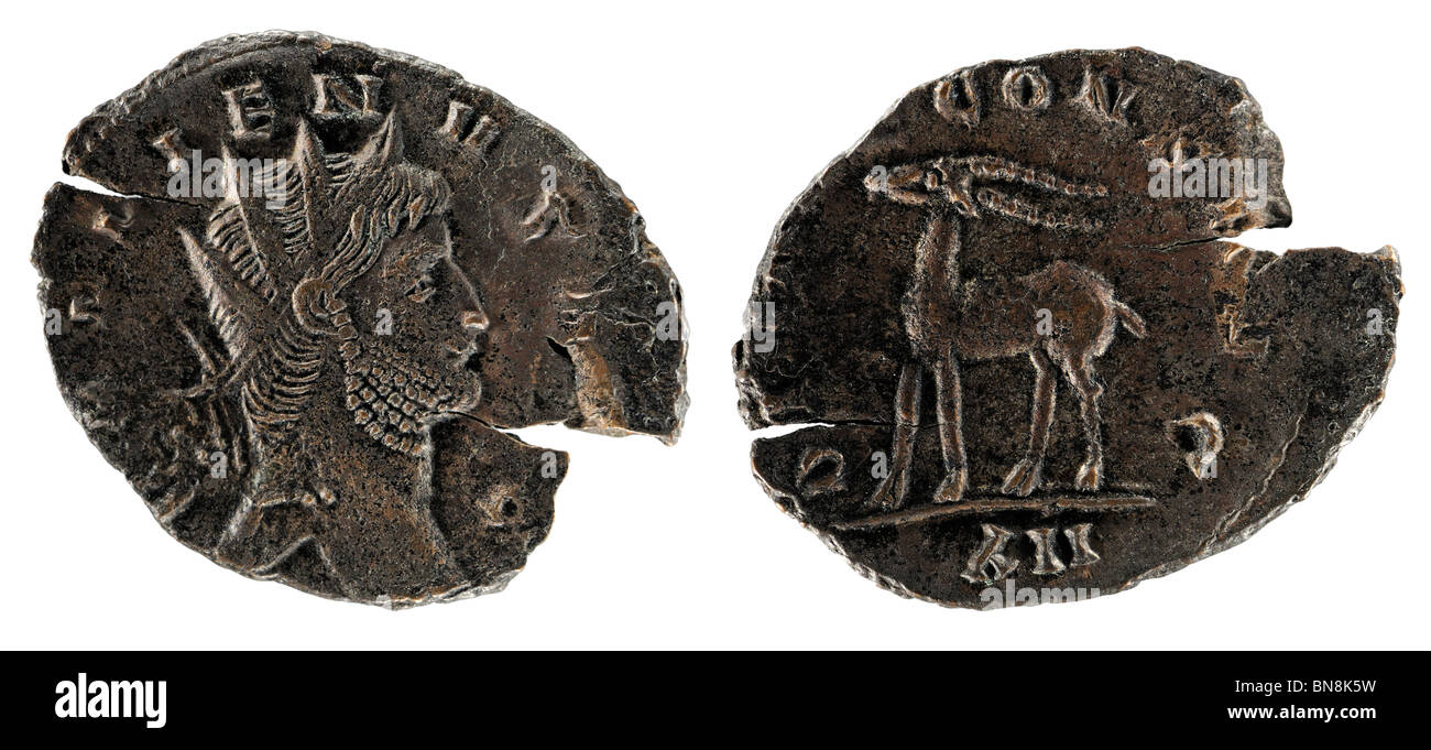 Bronze Roman coin. Gallienus. Stag walking Stock Photo