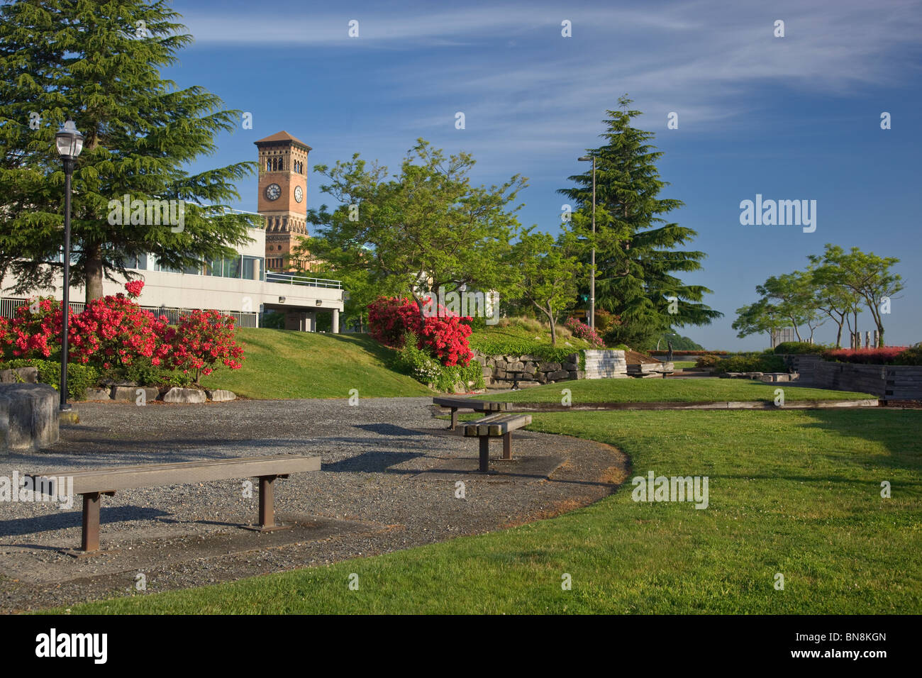 Tacoma, WA Fireman's Park with a view of the Old City Hall building (1892) in the Old City Hall Historic District Stock Photo