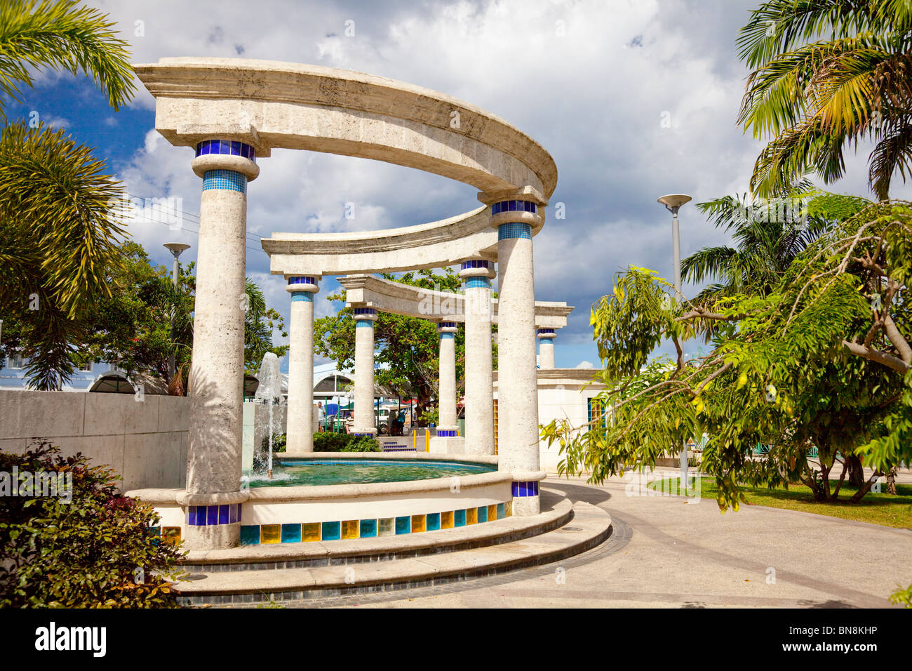 Decorative columns in a waterfront park in Bridgetown, Barbados, West Indies. Stock Photo
