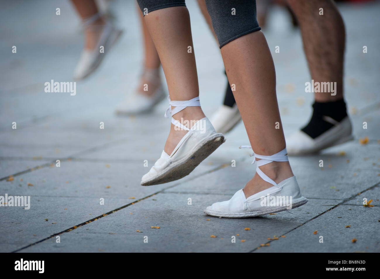 view of the feet of a "Sardana " dancer, the traditional dance of Catalonia Stock Photo