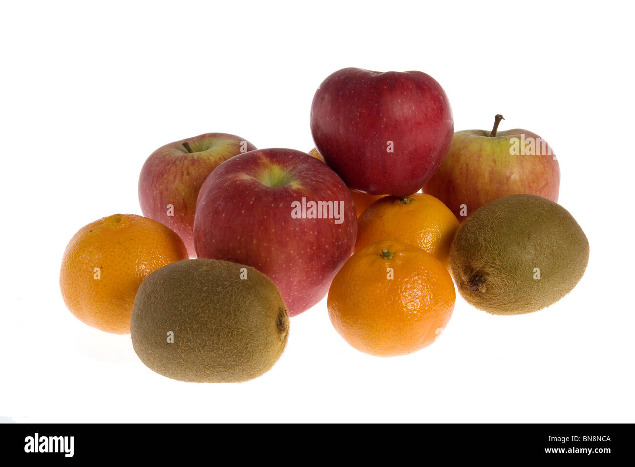 Apples, tangerines and kiwis over a white background Stock Photo