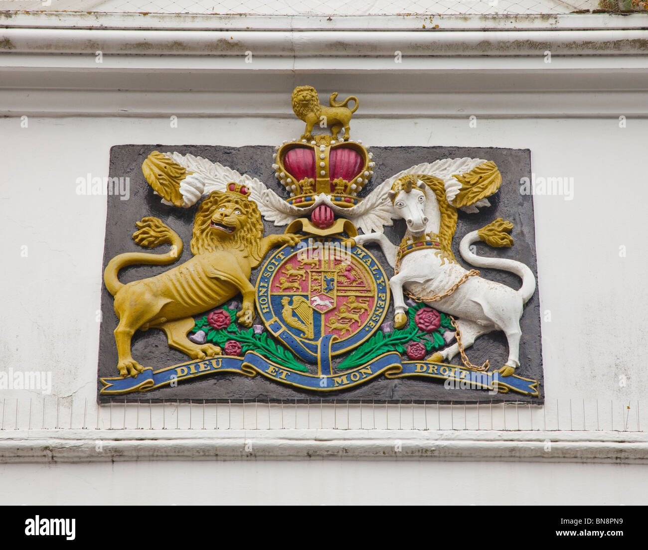 Dieu et mon droit coat of arms, lion and the unicorn Stock Photo