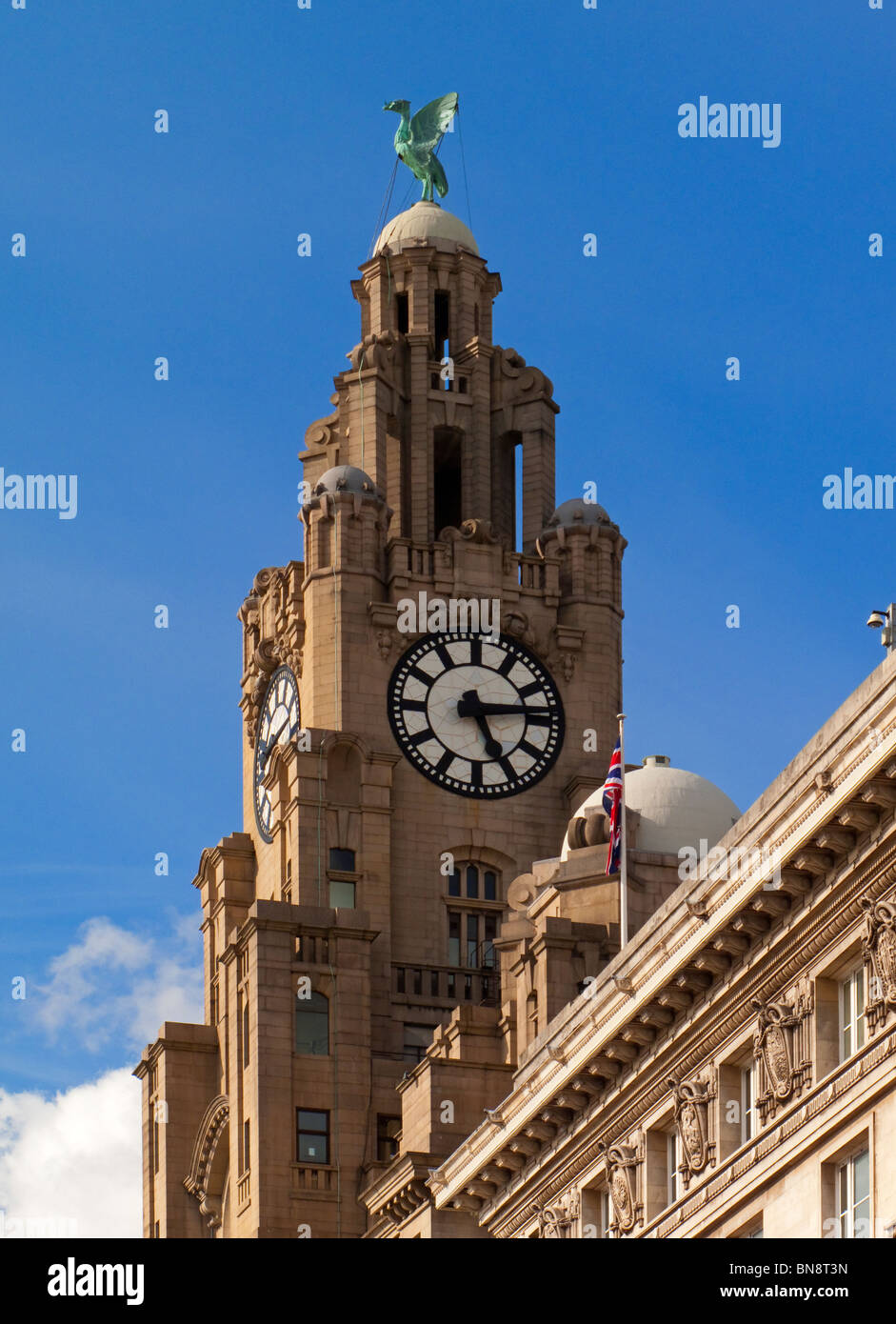 The Royal Liver Building on the Pier Head near River Mersey in Liverpool England opened in 1911 designed by Walter Aubrey Thomas Stock Photo