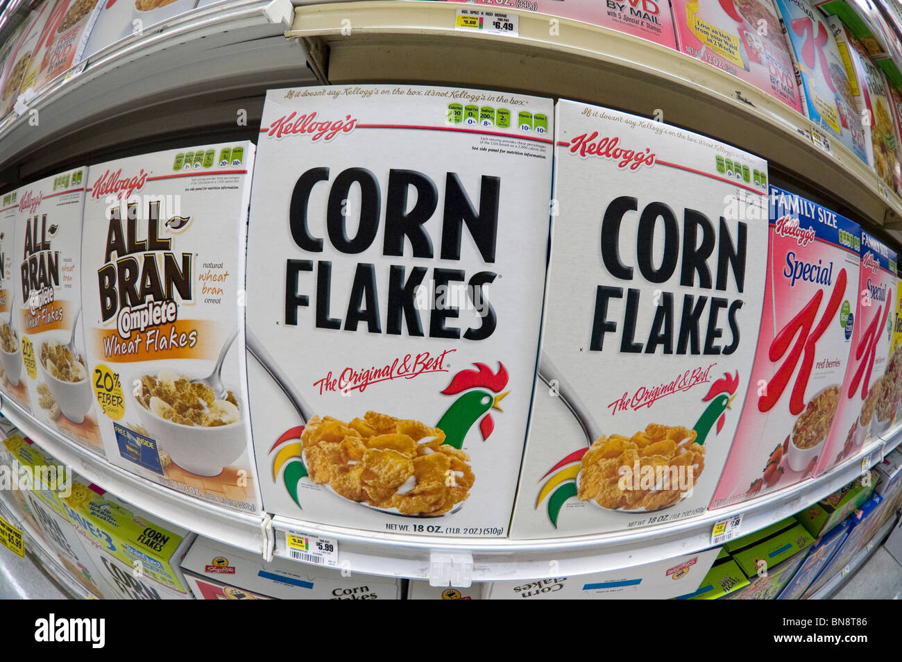 Boxes of Kellogg's Corn Flakes and other Kellogg's breakfast cereals are seen in a supermarket in New York Stock Photo