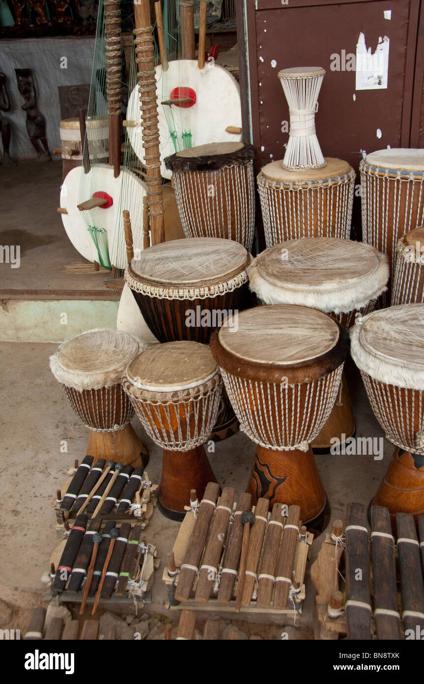 Africa, Gambia. Capital city of Banjul. Typical animal hide covered drums & instruments. Stock Photo