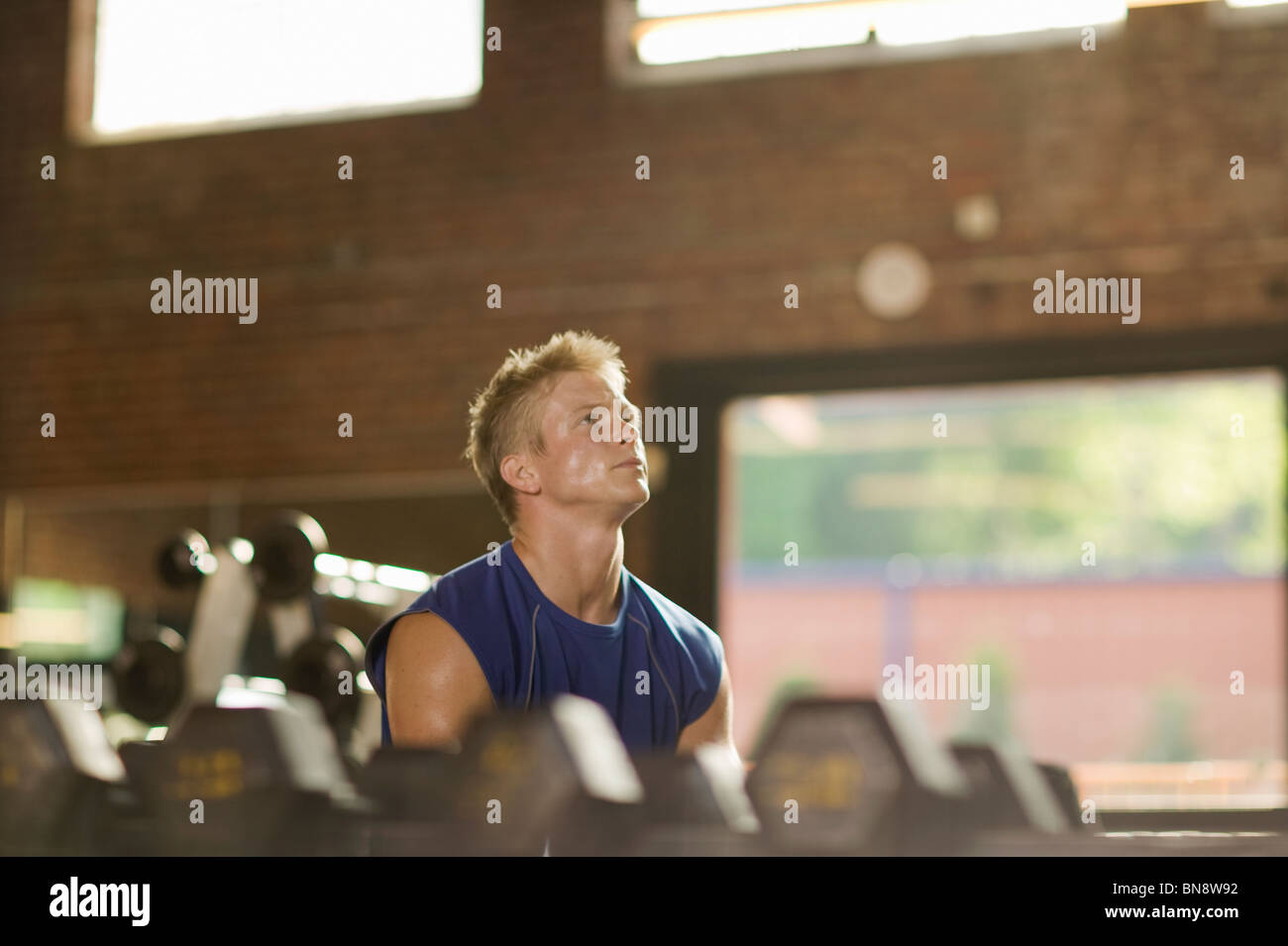 Man lifting weights in health club Stock Photo