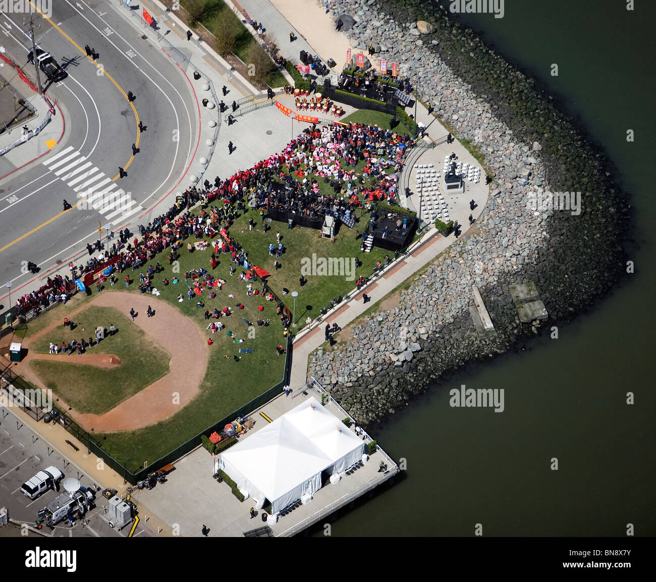 aerial view above Olympic torch relay ceremony McCovey Cove San Francisco California Stock Photo