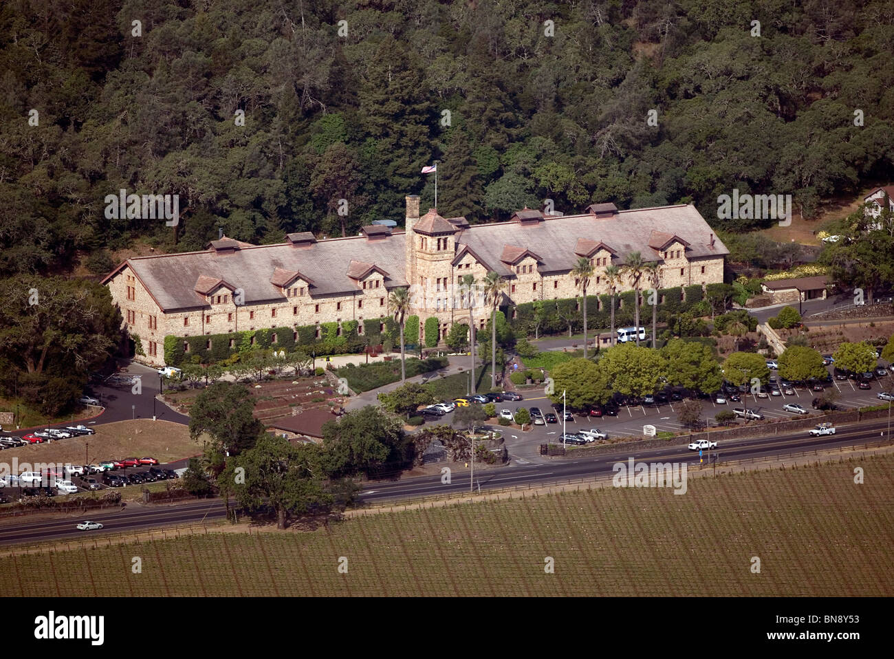 aerial view above Culinary Institute of America St. Helena Napa County California Stock Photo