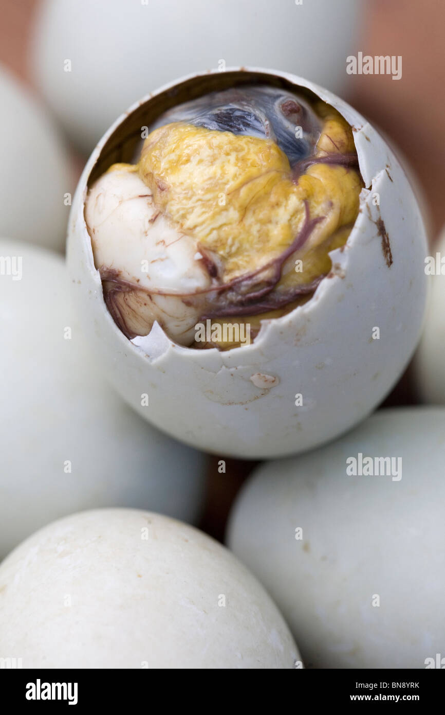 An opened balut, or cooked fertilized duck egg, is pictured among other whole balut eggs in Oriental Mindoro, Philippines. Stock Photo